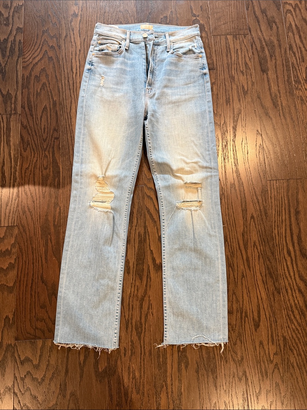 MOTHER Light Blue Straight Leg Distressed Jeans